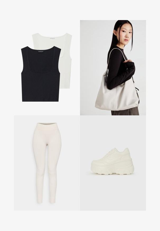 Divi riboti topi melnā un baltā krāsā. Abiem ir kvadrātveida izgriezums, tievas siksniņas un maiga, teksturēta auduma sastāvs.; Ribota legingi bēšā krāsā ar augstu vidukli un pieguļošu dizainu. Gluda tekstūra ar šaurām kājām un piedurknēm.; Baltie platformas sporta apavi, kas izgatavoti no gludas mākslīgās ādas, ar noapaļotu formu, mīkstu apkakli un teksturētu gumijas zoli ar izteiktiem rakstiem.; Bežs rokassoma, izgatavota no mīksta materiāla, ar brīvu dizainu, izšūtu apdari un divām plecu siksnām. Piemērota ikdienas lietošanai.