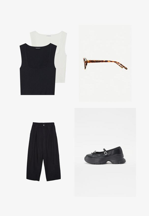 Zwei gerippte Tanktops in Schwarz und Weiß. Beide haben einen quadratischen Ausschnitt, dünne Träger und einen weichen, strukturierten Stoff.; Schwarze Polyester-Culotte mit einem elastischen Bund, zwei vorderen Falten und einer lockeren Silhouette. Keine sichtbaren Muster oder Hardware-Details.; Schwarze Leder-Mary-Jane-Schuhe mit einer abgerundeten Zehenpartie, Schleifendetail und verstellbarem Knöchelriemen. Mit einer stabilen Gummisohle mit geschwungenen Akzenten.; Schildpatt-Sonnenbrille mit dickem Rahmen, leicht gebogenen Bügeln und glatter Textur. Sie präsentiert ein klassisches Design mit glänzender Oberfläche.