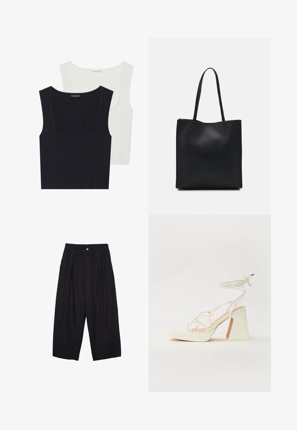 Two ribbed tank tops in black and white. Both feature a square neckline, thin straps, and a soft, textured fabric.; Black polyester culotte pants with an elastic waistband, two front pleats, and a loose silhouette. No visible patterns or hardware details.; White high-heeled sandal with a chunky heel, featuring a strappy design and ankle tie. Smooth texture with a platform front for added height.; Black leather tote bag with smooth texture, rectangular shape, and two long handles. No visible hardware or embellishments.