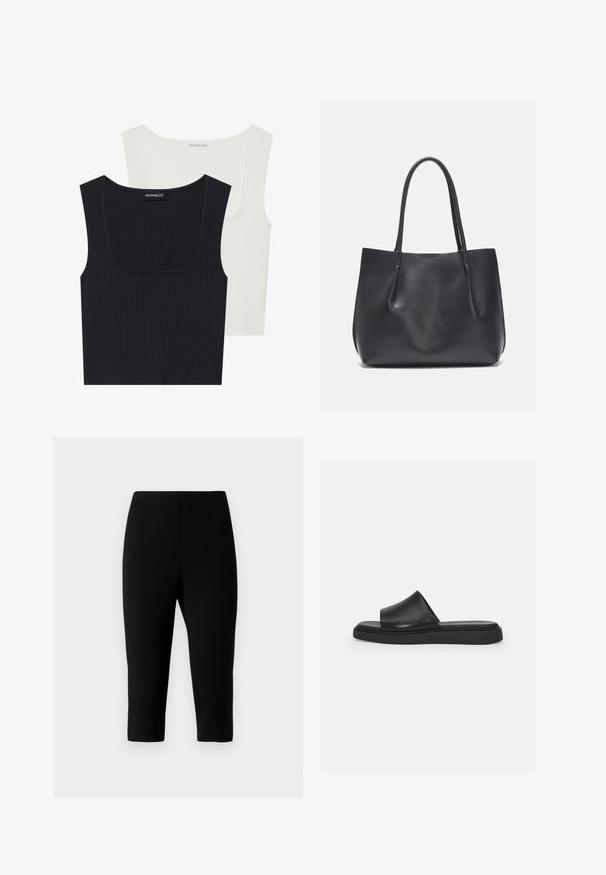 Due top in cotone a costine, uno nero e uno bianco. Entrambi presentano un collo quadrato, spalline sottili e un tessuto morbido e testurizzato.; Pantaloni capri neri realizzati in tessuto elasticizzato, con un design aderente che termina appena sotto il ginocchio, caratterizzati da una texture liscia e senza cuciture visibili.; Infradito nere con tomaia in pelle liscia, ampia fascia e suola in gomma piatta, caratterizzate da un design minimalista e senza elementi hardware visibili.; Borsa tote in pelle nera con due manici lunghi, una texture liscia e una silhouette morbida. Nessun hardware visibile o motivi.