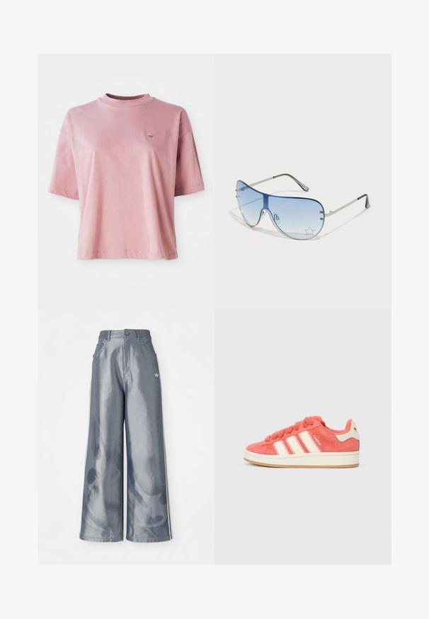 Light pink short-sleeve crew neck t-shirt with a small logo on the upper left chest, displayed on a white background.; Wide-leg pants in shiny gray material, featuring white side stripes and a flame pattern on the lower legs. Button and zipper closure at the waist.; Pink suede sneaker with cream stripes, round laces, and a textured tongue. Features a gum rubber sole and a logo on the heel.; Aviator sunglasses featuring a gradient blue lens, silver metal frame, and decorative star accents on the lens. Smooth and sleek design.