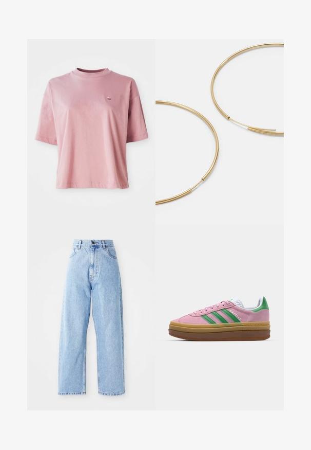 Svijetlo ružičasta majica kratkih rukava s okruglim izrezom, s malim logotipom na gornjem lijevom dijelu prsa, prikazana na bijeloj pozadini.; Svijetloplave traperice visokog struka sa ravnim širokim nogavicama, prednjim dugmetom, zatvaranjem na zatvarač, te prednjim i stražnjim džepovima.; Roze suede tenisice s zelenim trakama, bijelim detaljima i smešnim gumiranim potplatima. Imaju teksturirani materijal i logo detalje sa strane.; Zlatne kružne naušnice, tanke i okrugle, s glatkom metalnom površinom bez ukrasa ili uzoraka.