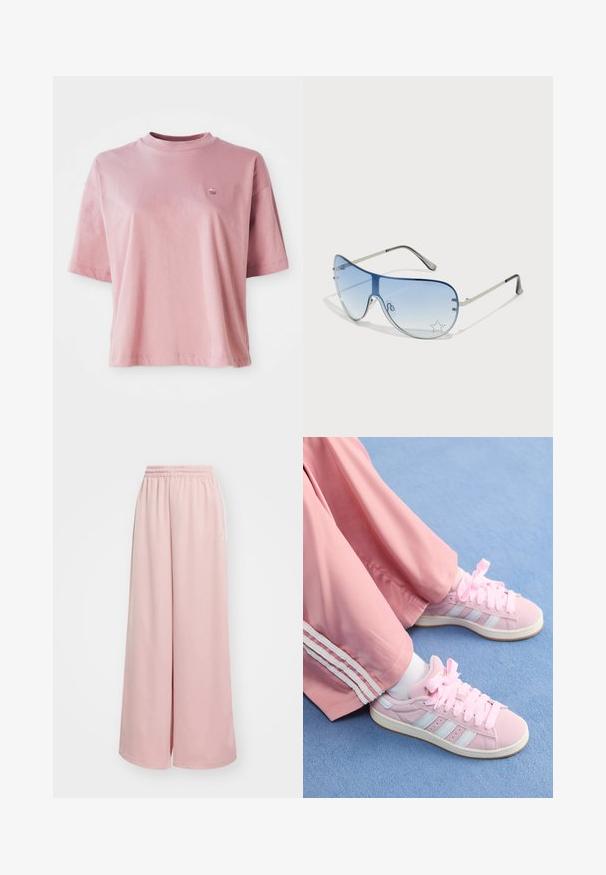 T-shirt de manga curta e decote redondo em rosa claro, com um pequeno logotipo no lado superior esquerdo do peito, exibido sobre um fundo branco.; Calças largas cor-de-rosa claro com um cós elástico. Tecido suave com bolsos laterais e uma marca sutil na perna esquerda.; Tênis de desporto rosa com riscas azul claro, bico redondo e atacadores grossos rosa, combinados com calças de pista rosa com riscas laterais brancas.; Óculos de sol aviador com lentes azuis em degradê, armação metálica prateada e detalhes decorativos de estrelas nas lentes. Design suave e elegante.