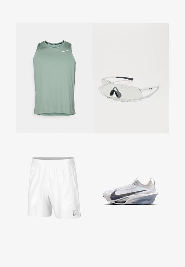 Nike Performance MILER TANK - Top - clay green/reflective silver-coloured; Pantaloni scurți albi de atletism realizați dintr-un material ușor, cu un brad elastic la talie, având două buzunare laterale și un mic logo negru pe tiv.; Adidașii Nike pentru alergare în textil alb cu un swoosh gri, o formă aerodinamică, o talpă intermediară transparentă și amortizare vizibilă cu aer.; Ochelari de soare cu lentile clare, ramă albă și tampoane de nas din cauciuc gri. Prezintă un design elegant, o formă unghiulară și accente hardware minime.