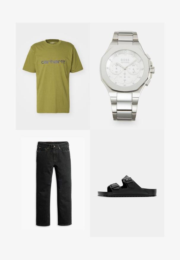 Olive green cotton t-shirt featuring a rounded neckline and short sleeves, with a blue "carhartt." logo across the chest.; Black denim jeans with a straight leg design, featuring copper hardware, two front pockets, a back pocket, and a button closure.; Black sandals with two adjustable straps, made of synthetic material. Features textured footbed and durable rubber sole with grip.; Silver stainless steel chronograph watch with an octagonal case, white dial, and silver accents. Features three subdials and a metal bracelet.