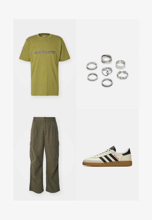 Olive zelené bavlnené tričko s okrúhlym výstrihom a krátkymi rukávmi, s modrým logom "carhartt." na hrudi.; Olive zelené cargo nohavice, vyrobené z bavlny, so širokým strihom, záhybmi a bočnými vreckami pre väčšiu praktickosť.; Krémovo-čierne tenisky Adidas Spezial s gumenou podrážkou, čiernymi pruhmi, červeným prešívaním a označením "Spezial" na boku.; Sada siedmich strieborných prsteňov s rôznymi dizajnmi, vrátane skrútených, prepojených a gravírovaných vzorov. Rôzne tvary a šírky.