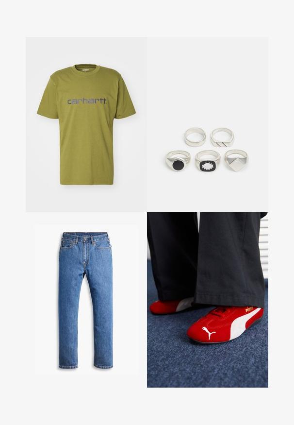 T-shirt en coton vert olive avec un col rond et des manches courtes, arborant un logo "carhartt." bleu sur la poitrine.; Jean en denim bleu avec une coupe droite, doté de cinq poches, d'une fermeture à bouton et de surpiqûres orange sur un fond blanc propre.; Baskets en suède rouge avec des accents blancs, dotées d'un matériau texturé, d'une pointe arrondie et d'un logo doré sur le côté, portées avec un pantalon noir.; Cinq anneaux en argent : un avec un détail circulaire noir, un avec un motif géométrique blanc et noir, et les autres avec diverses formes et finitions.