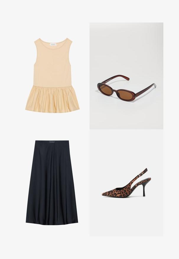 Uten ermer topp med en tettsittende, ribbestrikket overdel i lys beige og en utsvingt, glanset, rynket skjørt i matchende nyanse.; Sort, knelangs skjørt laget av lett stoff med en flytende design. Har en jevn tekstur og subtile folder for ekstra detalj.; Leopardmønstrede slingback højhælede sko med spids tå, sort blank hæl og justerbar ankelstrop. Blødt materiale med en struktureret overflade.; Runde, brune solbriller med en blank burgunderfarvet ramme. Slanke arme med subtile brandingdetaljer. Flad linse design.; Duffelbag med et beige mønster på utsiden, svarte lærstropper, gullfargede detaljer, og en liten matchende lomme vedheng. Strukturelt design.; Gullfarget rektangulær klokke med hvit urskive, sølvfargede timeindikatorer og et slitesterkt metallarmbånd. Vanntett funksjon inkludert.