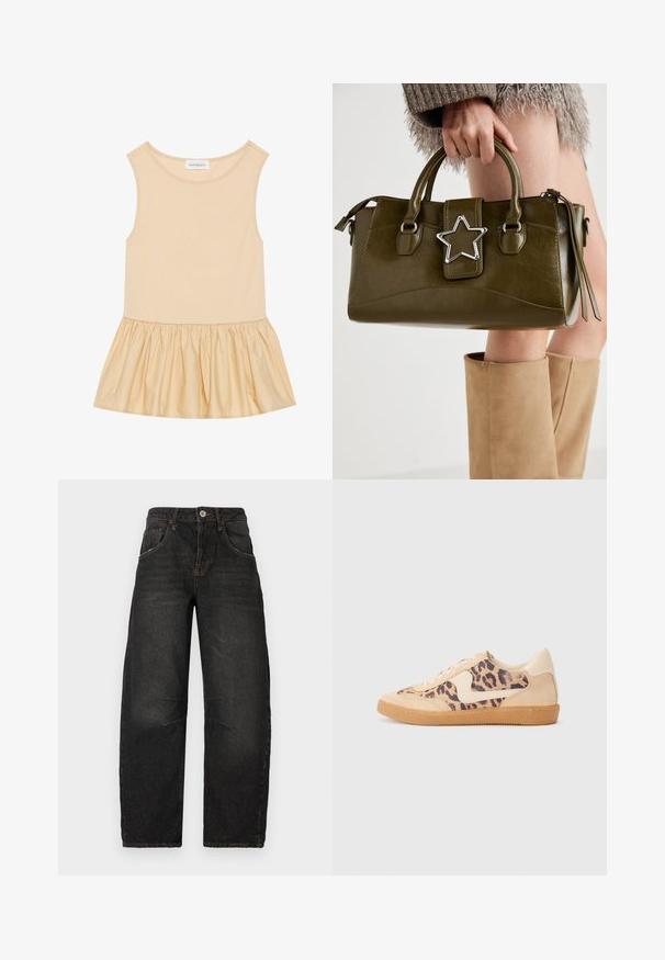 Bezgala tops ar pieguļošu ribu augšdaļu gaisīgi bežā krāsā un plandošu, spīdīgu, sakrātu svārku atbilstošā tonī.; Melnas denima džinsi ar taisnu kāju dizainu, piecām kabatām, redzamām šuvēm un priekšējo pogu aizdari. Strukturēta auduma ar nelielu izbalēšanu.; Leoparda drukas kedas ar beidzējo zamša virsu, brūnu gumijas zoli un baltām akcenta detaļām. Apļveida purngals un auklu aizdare ar strukturētu virsmu.; Olive zaļš mākslīgās ādas rokassomu ar sudraba zvaigznes akcentu, divām rokturiem un rāvējslēdzēja aizdari. Strukturēta forma un teksturēta virsma.