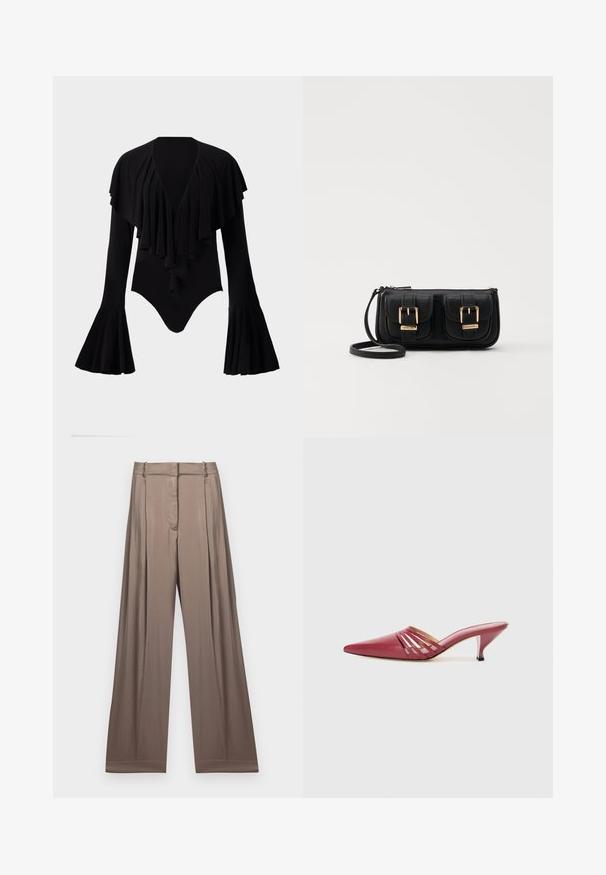 Svart langermet bodysuit med dyp V-hals, lagdelt volangdesign over brystet og trompet ermer. Glatt, elastisk stoff.; Vide benklær i en dempet taupefarge, laget av glatt stoff med satengfinish. Har en tilpasset midje og subtile folder.; Røde skinnhøyhælte mules med spiss tå, med utskjæringsdetaljer på vampsiden og en liten, avsmalnet hæl. Glatt tekstur.; Svart skinn crossbody veske med to frontlommer, gyldne spenner, glidelåslukking og en slank stropp. Teksturert overflate og kompakt rektangulær form.