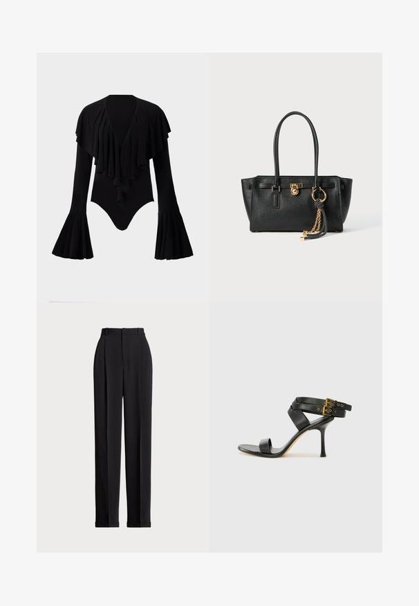 Svart långärmad bodysuit med djup V-ringning, lagerdesign med volanger över bröstet och utstående ärmar. Mjuk, elastisk tyg.; Svarta skräddarsydda byxor med hög midja, med veck framtill, rak bendesign och uppvikte nederdelar. Tillverkade av ett slätt tyg.; Svart klack-sandal med korsade remmar och justerbar spänne. Har en slät textur och en taperad stilettklack.; Svart läderhandväska med dubbla handtag, guldlås och kedjedetalj, samt svart-vit tofsaccessoar mot vit bakgrund.