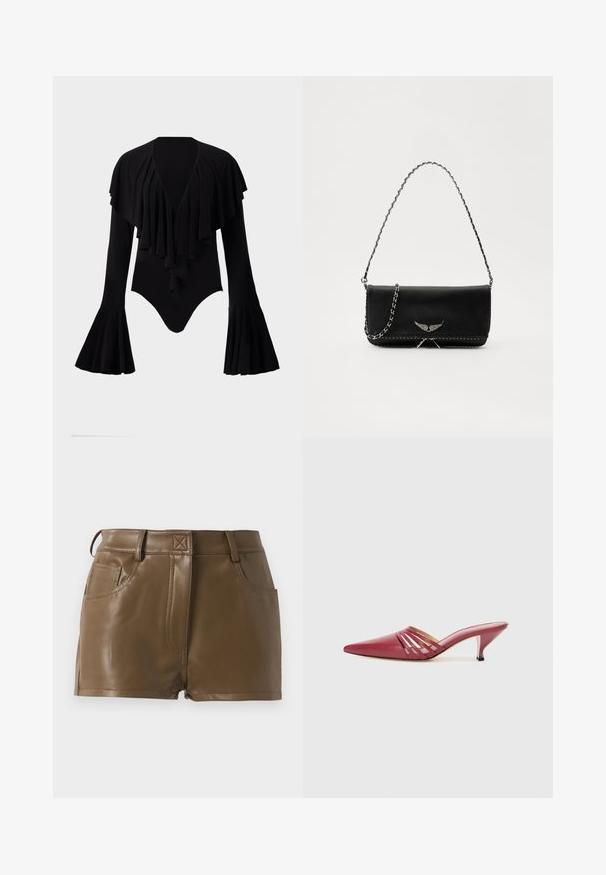 Body preto de manga longa com decote V profundo, design em camadas de babados na zona do peito e mangas balão. Tecido liso e elástico.; Calções de pele sintética castanha com um design justo, cintura com passantes para cinto, bolsos frontais e detalhes de costura visíveis.; Mule de salto alto em couro vermelho com bico apontado, apresentando detalhes recortados no peito do pé e um pequeno salto afunilado. Textura suave.; Saco de couro preto com uma alça de corrente prateada, apresentando ornamentos em forma de asas e costura branca ao longo da costura inferior.
