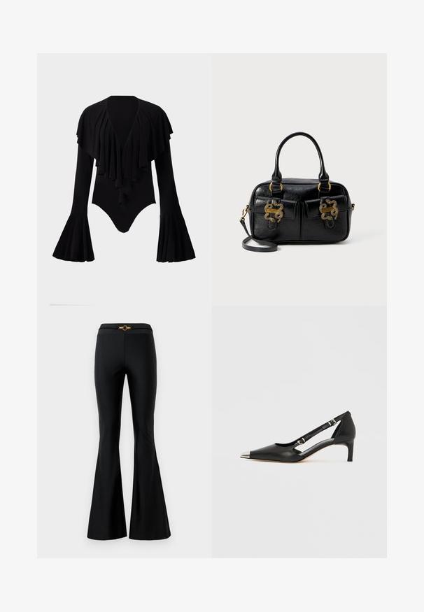 Juodas ilgomis rankovėmis bodis su giliu V formos iškirpimu, sluoksniuota volanų dizainu per krūtinę ir platėjančiomis rankovėmis. Lygus, tamprus audinys.; Juodos išsiplėtusios kelnės su lygiu paviršiumi, turinčios prigludusią juosmenį ir auksinę apvalią įdėklą priekyje. Pagamintos iš elastingos medžiagos.; Juodos odos bateliai su žemu kulniuku, smailiu sidabro spalvos pirštinės gaubtu ir dvigubais dirželiais, ant balto fono.; Juodas tekstūruotas odinis rankinė su dviem viršutiniais laikikliais, dviem priekiniais kišenėmis ir auksiniais detalių akcentais. Apima nuimama peties juosta.