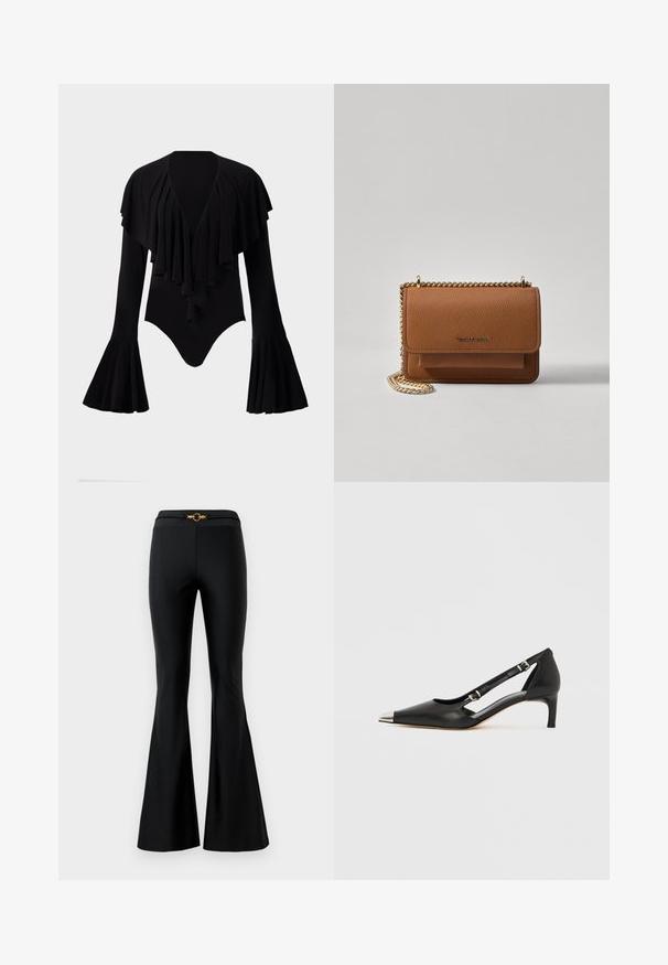 Svart långärmad bodysuit med djup V-ringning, lagerdesign med volanger över bröstet och utstående ärmar. Mjuk, elastisk tyg.; Svarta utsvängda byxor med en slät yta, utrustade med en åtsittande midja och en guldig cirkulär detalj framtill. Tillverkade av ett stretchigt material.; Svart läder kitten heel med spetsig silver-tåhätta och dubbla remmar med spänne på vit bakgrund.; Brun texturerad läder crossbody-väska med guldkedja och klaffstängning. Framsidan har logotypdetalj och en ficka under klaffen.