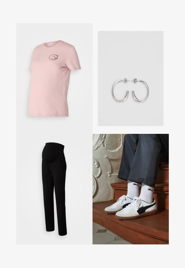 Rozā īsām piedurknēm T-krekls, izgatavots no mīksta auduma, ar melnu izšuvumu kaķa dizainu uz krūtīm. Klasiska apaļa kakla izgriezums un brīvs piegriezums.; Melno maternitātes bikses ar elastīgu jostasvietu komfortam, sānu kabatām, taisna kāju piegriezumu un mīkstu auduma tekstūru.; Puma kedas baltā un melnā zamšā, ar brūnu gumijas zoli. Pāris ar baltām zeķēm, kurās redzams melns logo, nēsātas ar tumšām biksēm.; Sudraba stīpas auskari ar gludu, spīdīgu virsmu, izceļas ar izliektaveida formu un aizdari ar tapu. Minimālistisks dizains ar mūsdienīgu apdari.