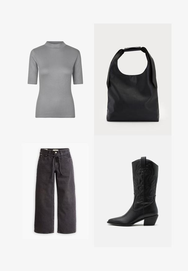 Gray ribbed t-shirt with a high neckline and short sleeves, featuring a fitted design and soft, textured fabric.; Black wide-leg jeans made of denim, featuring a drawstring waist, five pockets, and contrast stitching details. Flat-front design.; Black leather cowboy boot with pointed toe, embossed swirling patterns, and a mid-height heel. Features a pull tab for easy wear.; Black leather hobo bag with a single, soft, rounded handle; features a smooth texture and a minimalist design. No visible hardware or accents.; Gold hoop earrings with a textured, irregular shape. Features a seamless closure and a polished surface finish, emphasizing a modern design.