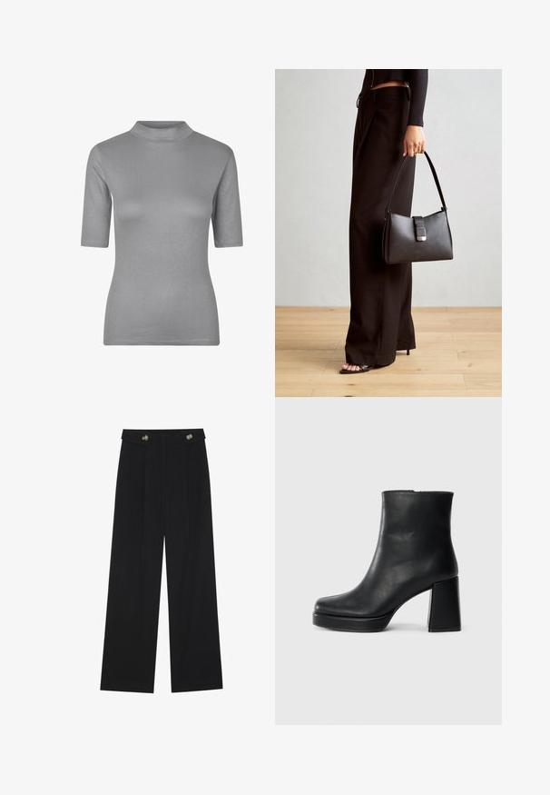 Pelēka ribota t-kreklam ar augstu apkakli un īsām piedurknēm, ar pieguļošu piegriezumu un mīkstu, teksturētu audumu.; Melnas platās bikses ar augstu jostasvietu, pogu detaļām uz jostas un priekšējām krokām.; Melna ādas potīšu zābaku ar bloku papēdi un platformas zoli, skatīts no sāna uz vienkārša balta fona.; Melnā somiņa ar strukturētu formu, gludu tekstūru un metālu sprādzi. Saskaņota ar platām melnām biksēm un sandālēm ar atvērtu purngalu uz koka grīdas.