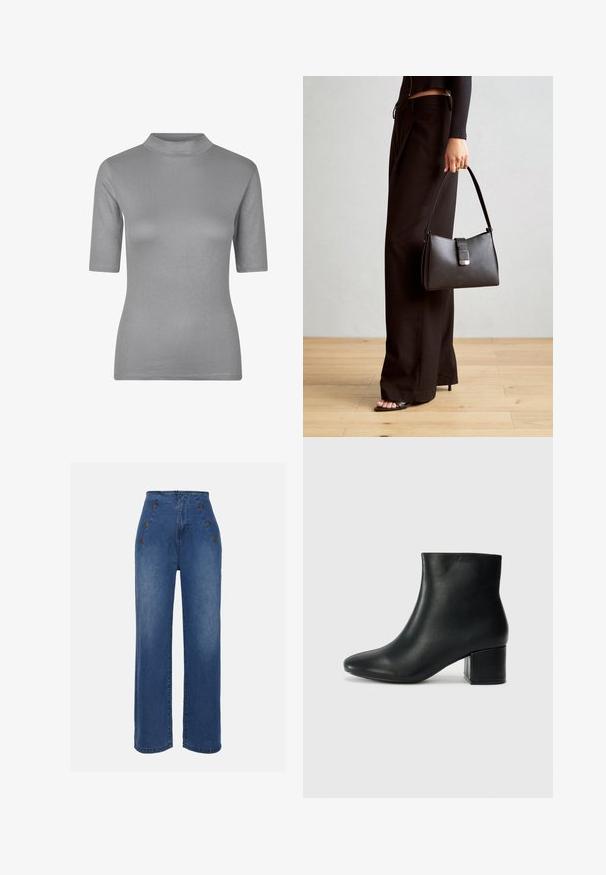 Siva rebrasta majica s visokim ovratnikom i kratkim rukavima, koja se ističe prilagođenim krojem i mekim, teksturiranim materijalom.; Hlače iz jeansa z visokim pasom v srednje modri barvi. Imajo okrasne gumbe spredaj in širok kroj. Tkanina ima gladko teksturo z rahlim zbledelostjo.; Črne usnjene gležnjarje s koničastim nosom in debelim peto. Gladka tekstura z minimalnimi detajli in eleganten, prilegajoč dizajn.; Črna torbica z strukturirano obliko, gladko teksturo in kovinskim zaponko. Ujemajo se z širokimi črnimi hlačami in odprtimi sandali na lesenem tleh.