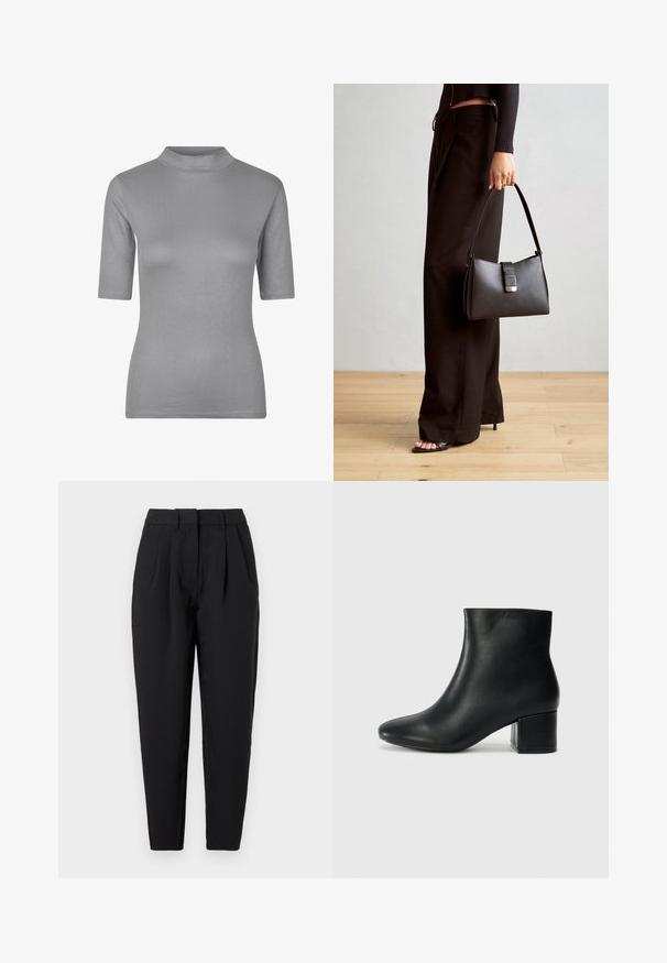 Szara prążkowana koszulka z wysokim dekoltem i krótkimi rękawami, o dopasowanym kroju i miękkim, teksturowanym materiale.; Czarne spodnie o prostym kroju, z plisami z przodu, gładką fakturą i kieszeniami bocznymi. Pas jest standardowej wysokości.; Czarne skórzane botki za kostkę z ostrym noskiem i masywnym obcasem. Gładka tekstura z minimalnymi akcentami i elegancki, dopasowany fason.; Czarna torebka o usztywnionym kształcie, gładkiej fakturze i metalowym zapięciem. Połączona z szerokimi czarnymi spodniami i sandałami na otwartym palcu na drewnianej podłodze.