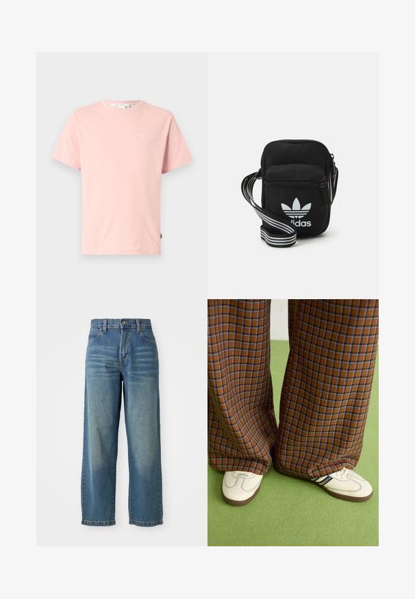 Rožinė medvilninė marškinė su apvalia iškirpte, trumpomis rankovėmis ir mažu baltu logotipu kairiajame krūtinės srityje. Minkšta tekstūra ir paprastas dizainas.; Šviesiai mėlyni džinsai plačiomis kojomis su aukštu liemeniu, penkiomis kišenėmis ir šiek tiek išblukusiu paviršiumi. Yra sagčių ir užtrauktuko uždarymas.; Rudos ir mėlynos langelinės plačios kelnės, derinamos su baltais batais su juodais akcentais ir tekstūruotais padais, prieš žalią foną.; Juodas audinio per petį nešiojamas krepšys su užtrauktuku, turintis baltą Adidas logotipą ir dryžuotą reguliuojamą diržą patogiam nešiojimui.