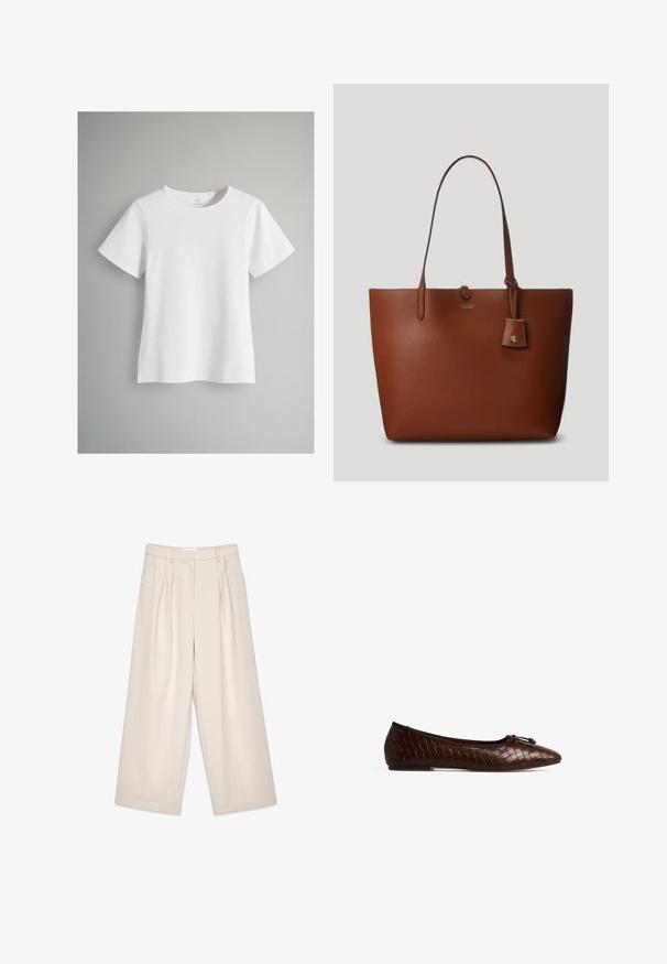 Balti trumpu rankoviu marškiniai, pagaminti iš minkštos medvilnės. Yra apvalus kaklas ir tiesus kirpimas, su minimaliais siuvimo detalėmis ir be raštų.; Kreminės spalvos platėjančios kelnių su klostėmis, turinčios glotnų paviršių ir diržo kilpas. Sumažinta iškirptė, siūlanti laisvą aksesuarą aplink kojas.; Ruda pintinė oda balerina su apvaliu pirštu, dekoratyvine juostele ir plokščiu padu. Tekstūruotas paviršius suteikia subtilią rašto detalę.; Ruda akmenukų odos rankinė su dviem rankenomis, smaigiu pridedamu žymeniu ir subtiliu logotipu priekyje. Lygus paviršius su struktūrizuota forma.