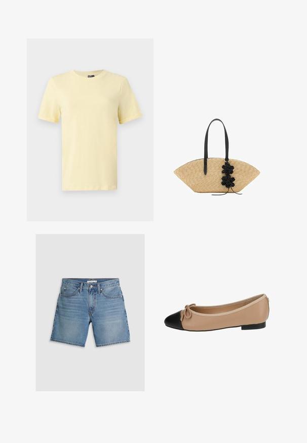Gul kortærmet T-shirt lavet af blødt bomuld med rund crew-halsudskæring, der har en glat tekstur og ingen synlige mønstre eller accenter.; Lysblå denimshorts med lige snit, fem lommer og knaplukning. Fremstillet af bomuld med en glat tekstur.; Ballet flade i beige læder med spids sort tå. Har en frontsløjfe detalje og en glat tekstur. Lav profil design med en gummisål.; Stråhåndtaske med et bredt, fanformet design, sorte læderhåndtag og sorte blomsterdetaljer på den ene side.