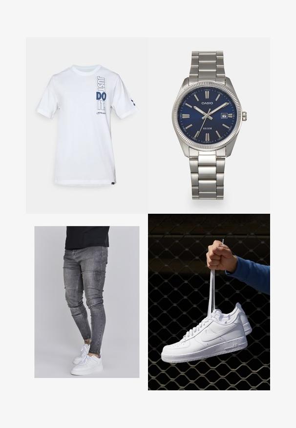 T-shirt en coton blanc avec un imprimé graphique "JUST DO IT" en bleu marine, manches courtes et col rond. Logo de la marque sur la manche.; Jeans skinny en denim gris délavé, présentant des détails déchirés au niveau des genoux, associés à des sneakers blanches. Texture lisse, design ajusté.; Baskets en cuir blanc avec perforations, à bout rond, semelle plate et lacets épais, arborant un logo swoosh visible et "AIR" sur le talon.; Montre-bracelet en acier inoxydable argenté avec un cadran bleu marine, des index métalliques et un affichage de la date à 3 heures. Résistante à l'eau jusqu'à 50 mètres.