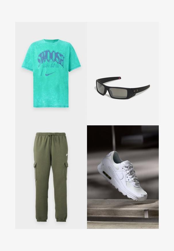 Mėtų žalia didelio dydžio marškinėliai su nusidėvėjusiu tekstūru. Yra ryškus violetinis "SWOOSH" grafikas su "tiesiog padaryk" tekstu ir Nike logotipu.; Tamsiai žalios spalvos cargo kelnės su elastingu juosmeniu, virvutės uždarymu, šoninėmis kišenėmis ir prekės ženklo logotipu ant šlaunies. Lygaus medvilnės mišinio audinys.; Baltos Nike Air Max 90 sportbačiai su.comi ir odos viršumi, perforuota pirštų dėžute ir matomu oro pagalvėle kulne.; Juodi akiniai saulės su matinio paviršiaus užbaigimu, stačiakampiai lęšiai, švelnus lenkimas ant šventyklų, subtilus logotipo detalizavimas ir dūminiai lęšiai.
