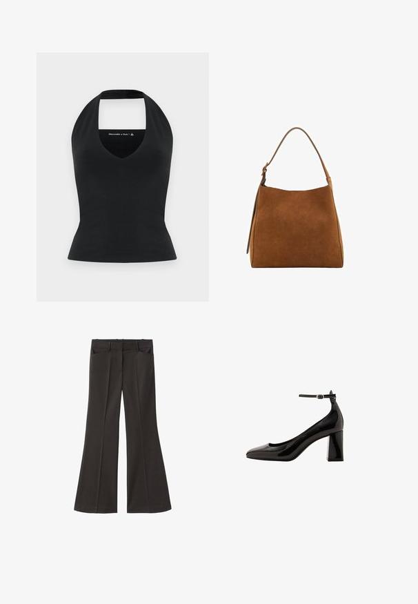 Top halter negru cu decolteu adânc în V și spate deschis, confecționat dintr-un material neted, cu o siluetă ajustată, branding minim într-o culoare contrastantă.; Pantaloni evazați negri, cu talie înaltă; au două buzunare frontale și o textură de stofă netedă. Potriviți pentru diverse ocazii.; Pantofi cu toc cu curea la gleznă din piele patentată neagră, cu un finisaj glossy, vârf ascuțit și toc gros. Textură netedă, detalii minime.; Geantă de umăr din suede maro, cu un vârf curbat, curea unică și textură netedă. Caracterizează un design minimalist și linii curate.