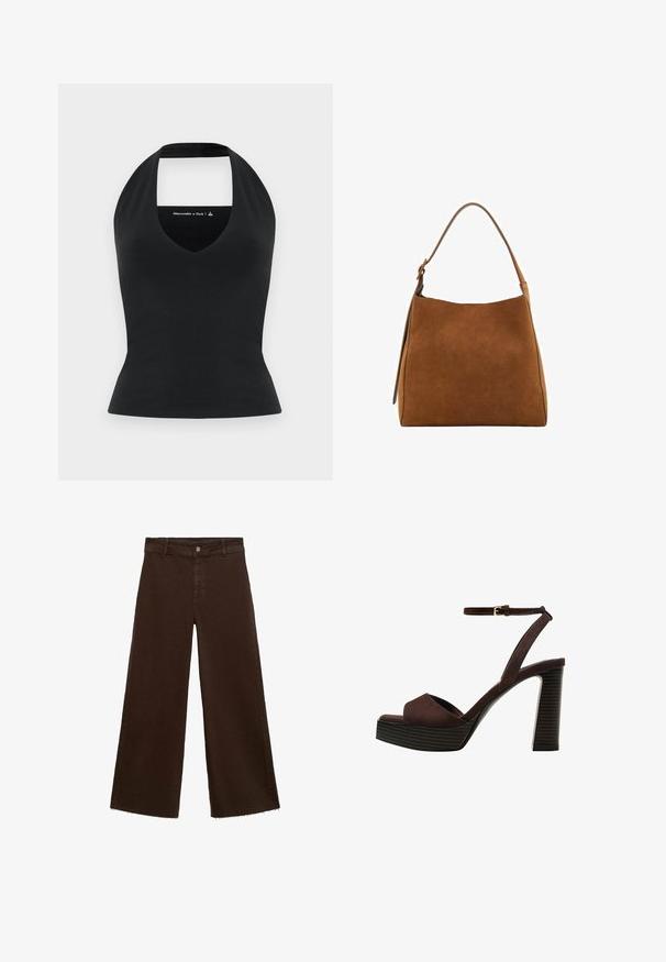 Crni top s halter izrezom, dubokim V-dekolteom i otvorenim leđima, izrađen od glatkog materijala, uskog kroja, minimalno brendiranje u kontrastnoj boji.; Smeđe široke hlače od pamuka, s raspucanim rubom, prednjim kopčanjem na dugme i klasičnim dizajnom s pet džepova. Minimalističke i svestrane.; Smeđe zamšaste sandale s visokim potpeticama, otvorenim prstima, podesivom trakicom oko gležnja i prugastom platformom.; Smeđa suđena torba za rame s zakrivljenim vrhom, jednom trakom i glatkom teksturom. Ima minimalistički dizajn i čiste linije.