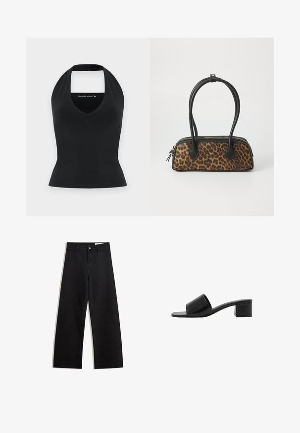 Black halter top with a deep V-neck and an open back, made from a smooth fabric, fitted silhouette, minimal branding in a contrasting color.; Black wide-leg denim pants with a high waist, featuring front and back pockets, stitched seams, and a button closure. Smooth texture.; Black leather open-toe slide sandal with a wide strap and a solid block heel. Features a smooth texture and minimal design.; Leopard print handbag with a black faux leather base, dual top handles, gold zipper, and accented black faux leather tabs. Rectangular shape.