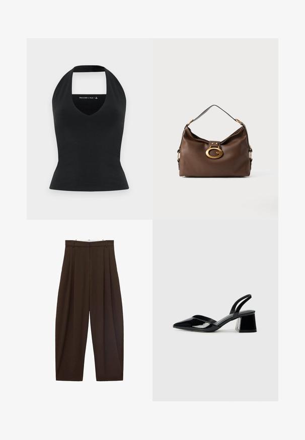 Črna halter majica z globokim V-izrezom in odprtim hrbtom, izdelana iz gladkega materiala, prileganje silhuete, minimalno oblikovanje v kontrastni barvi.; Rjave hlače visoke pasu s pregibi, narejene iz gladkega materiala. Ohlapen kroj, ravne nogavice, z zankami za pas in zadrgo.; Črne lakirane slingback pete s koničastim nosom in geometrijsko blokasto peto. Imajo eleganten, minimalističen dizajn in gladko teksturo.; Rjavo usnjeno ročna torbica z teksturirano površino, ki ima zlato toniran zaklep in en sam, ukrivljen naramnico.