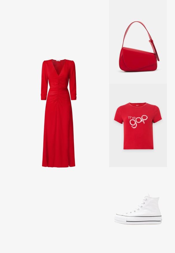 Rotes Baumwoll-T-Shirt mit kurzen Ärmeln, Rundhalsausschnitt und einem großen, weißen, glitzernden Textlogo "the gap" in der Mitte. Einfaches Design, keine Muster.; Rotes Kleid mit V-Ausschnitt, 3/4-Ärmeln und Raffung an der Taille und am Rücken. Der Stoff wirkt glatt und leicht.; Weiße hochwertige Leinensneaker mit schwarzer Gummisohle, vorderem Gummizehenschutz und sechs Ösen für Schnürsenkel, die ein sauberes, minimalistisches Design aufweisen.; Rote Lederhandtasche mit einem kantigen, geometrischen Design. Verfügt über einen verstellbaren Schulterriemen und einen Klappenverschluss mit genähten Details.
