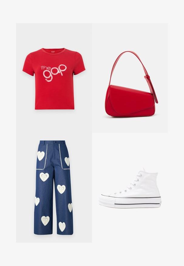 Rød bomulds T-shirt med korte ærmer, rund hals og et stort hvidt glitrende tekstlogo "the gap" i midten. Enkelt design, ingen mønstre.; Sister Jane HEART TO HEART - Jeans Straight Leg - blue denim; Hvide høje kanvas sneakers med sort gummisål, gummitåhætte foran og seks øjehuller til snørebånd, der har et rent, minimalistisk design.; Rød læderhåndtaske med et kantet, geometrisk design. Har en enkelt justerbar rem og en klaplukning med syede detaljer.