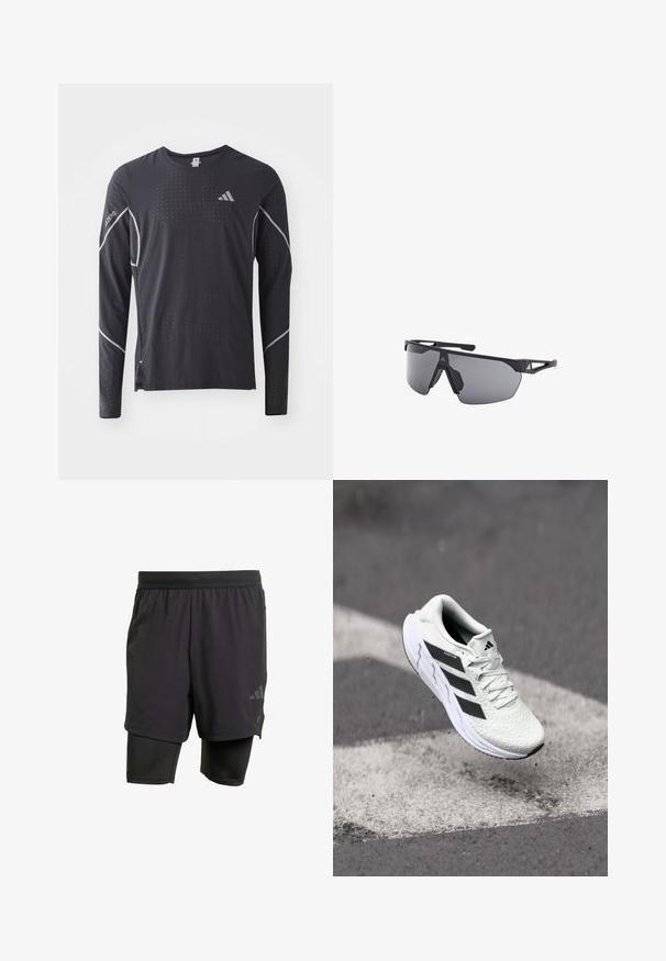 adidas Performance TEE - Langærmet T-shirt - black; Svarte atletiske shorts med integreret inderlag, lavet af åndbart stof. Har diskret logo og struktureret tekstur. Justerbar talje.; Hvid atletisk sko med tekstureret netoverdel, sorte striber, snørebåndslukning og en polstret sål, som svæver over en markeret vejoverflade.; adidas Performance ANEMOS - Sportsbriller - matte black/smoke gray