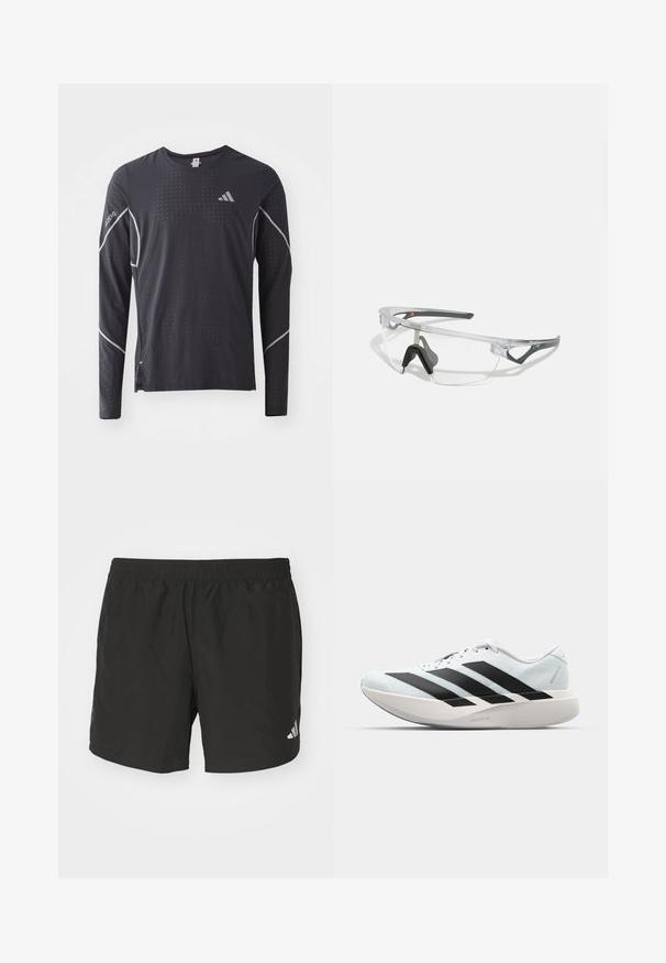adidas Performance TEE - Top dugih rukava - black; Crne atletske kratke hlače s elastičnim pojasom, bočnim prorezima i reflektirajućim logotipovima. Izrađene od lagane, glatke tkanine.; Lagane tenisice za trčanje u svijetloplavoj boji s crnim trakama. Imaju glatku gornju površinu, okrugli vrh i debeli bijeli srednji sloj označen "LIGHTSTRIKE PRO."; Prozirne zaštitne naočale s laganim, prozirnim okvirom i sivim detaljima. Imaju dizajn koji obuhvaća lice i podešavanje nosa.
