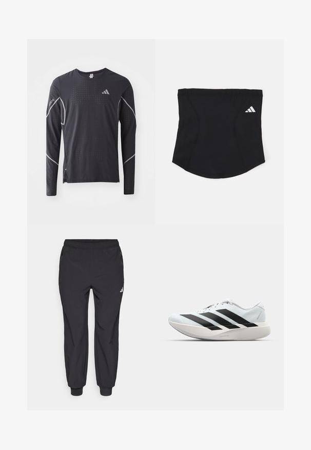 adidas Performance TEE - Langærmet T-shirt - black; Sorte sportbukser med elastisk taljebånd, to sidelommer med lynlås, tilspidsede ankler og en lille hvid logo på den øverste venstre lår.; Letvægtige løbesko i lys blå med sorte striber. Har en glat overdel, rund tå og tyk hvid mellemsål mærket "LIGHTSTRIKE PRO."; Sort atletisk pandebånd med en glat overflade, buet form og elastisk top. Har et lille hvidt Adidas-logo på siden.