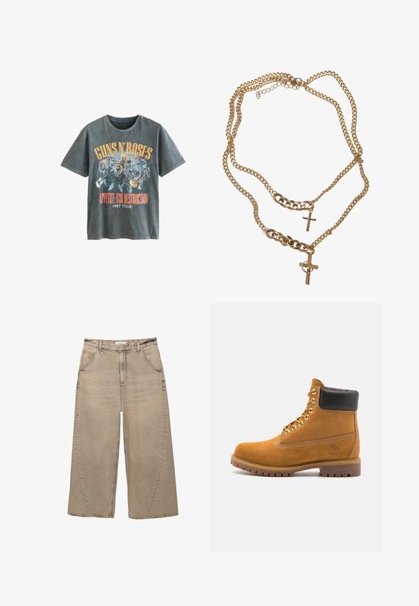 Next LICENSE REGULAR - T-shirt imprimé - charcoal grey guns n roses; PULL&BEAR MEGA BAGGY - Jean baggy - light grey; Bottine en daim beige avec un col rembourré noir, œillets en métal doré, détails de surpiqûres blanches et semelle en caoutchouc robuste avec des crampons prononcés.; Collier en chaîne dorée à plusieurs niveaux avec deux pendentifs croix, divers styles de maillons de chaîne, finition polie et fermeture à crochet.