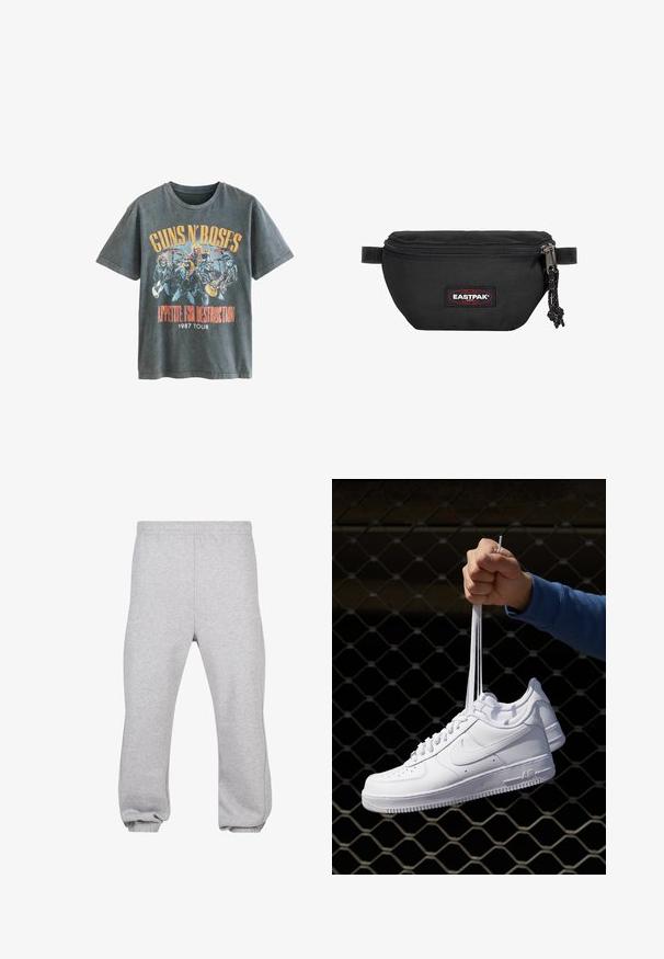 Next LICENSE REGULAR - Print T-shirt - charcoal grey guns n roses; Gray sweatpants made of cotton blend, featuring an elastic waistband, tapered legs, and cuffed hems. Simple design with no patterns.; White leather sneakers with perforations, round toe, flat sole, and thick laces, featuring a visible swoosh logo and "AIR" on the heel.; Black waist bag made of durable fabric, featuring a zip closure, adjustable strap, and a red and black logo patch on the front.