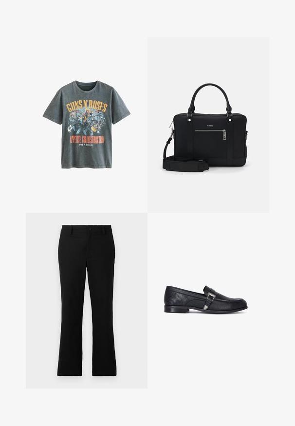 Next LICENSE REGULAR - T-shirt print - charcoal grey guns n roses; Zwarte uitlopende broek van een katoenmix, voorzien van een knoopsluiting, riemlussen en een gladde textuur zonder zichtbare patronen.; Zwarte leren instappers met een gestructureerde afwerking, voorzien van een zilveren gespaccent en een laag profiel, ontworpen voor zowel casual als formele gelegenheden.; Zwarte synthetische totebag met twee handvatten, een afneembare schouderriem, een voorvak met rits en zilverkleurige hardware accenten.