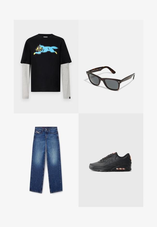 Icecream RUNNING DOG LAYERED - Ilgarankovis viršutinės dalies drabužis - black; Mėlynos džinsinės kelnės su tiesiomis kojomis, su priekine kišene ir užtrauktuku. Išblukusios vietos ant šlaunų prideda tekstūros.; Nike Air Max 90 sportbačiai su juodu sintetiku, tekstūruotu paviršiumi, raištelių užsegimu, matomu oro vienetu ir oranžine akcentine logotipu.; Rudos šešėliai su pilkais lęšiais ir kvadratiniais rėmeliais. Yra metaliniai akcentai ir išskirtinė prekės ženklo logo ant šventyklų.