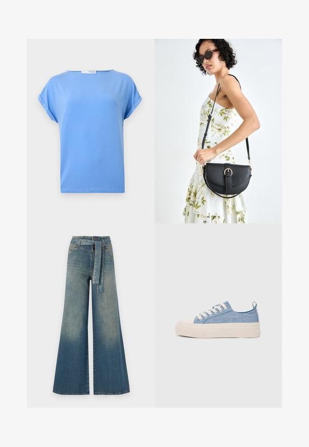 Gaiši zils īsām piedurknēm T-krekls, kas izgatavots no mīksta kokvilnas. Iekļauj brīvu piegriezumu un sarullētas piedurknes ar taisnu apakšmalu.; Platām kājām džinsu bikses ar gaismas līdz tumši zilam gradientam, augstu jostas līniju, jostas cilpām un atbilstošu auduma jostu. Tekstūrēts džinsas apdare.; Gaiši zili kanvas sneakeri ar krēmkrāsas gumijas pirksta aizsargu un ārējo zoli, aprīkoti ar baltām šņorēm un cilpu uz papēža.; Melnas ādas rokassoma ar izliekta formu, noņemamu siksnu un zelta aksesuāriem. Somai ir vāciņš ar sprādzes detaļu.