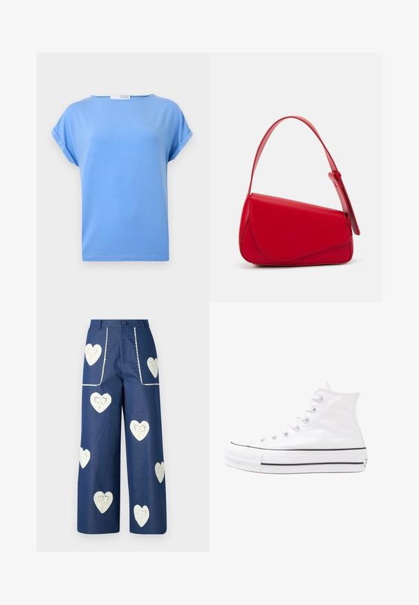 Šviesiai mėlyna trumpomis rankovėmis marškinėliai, pagaminti iš minkštos medvilnės. Turi laisvą kirpimą ir pasuktas rankoves su tiesia apatine dalimi.; Sister Jane HEART TO HEART - Tiesaus kirpimo džinsai - blue denim; Balti aukštakulniai drobės sportbačiai su juodu guminio pado, priekinio guminio piršto dangteliu ir šešiais akytėmis raištams, pasižymintys švariu, minimalistiniu dizainu.; Raudona odinė rankinė su kampuota, geometrine forma. Pasižymi viena reguliuojama dirželiu ir dangteliu su siuvinėtais dekoracijomis.