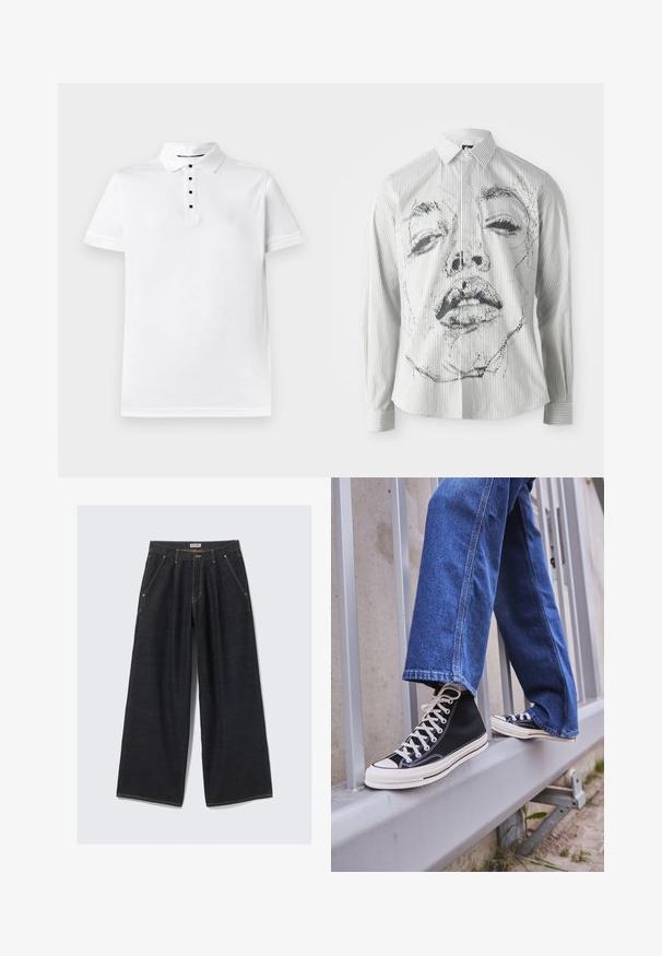 Biała bawełniana koszulka polo z klasycznym kołnierzykiem, pięcioma guzikami w sztucznym czarnym kolorze oraz małym haftowanym logo na piersi.; Koszulka z długim rękawem w paski, z monochromatyczną ilustracją twarzy na przodzie. Materiał jest gładki, z klasycznym kołnierzykiem i detalami guziczków.; Ciemnoniebieskie spodnie o szerokich nogawkach z plisami z przodu, ukośnymi kieszeniami, szlufkami na pasek oraz zapięciem na guzik w pasie, oznaczone "WEEKDAY."; Czarne sneakersy za kostkę z białą podeszwą i sznurówkami, w połączeniu z luźnymi niebieskimi dżinsami, opierające się na szarym balustradzie.
