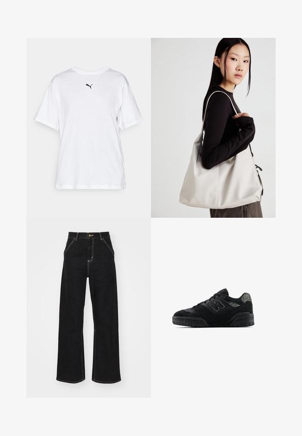 White cotton t-shirt with a round neckline and short sleeves. Features a small black logo on the chest. Classic relaxed fit.; Black wide-leg jeans made of denim, featuring contrasting white stitching and a front button closure, with two angled front pockets.; Black low-top sneaker with textured sole, lace-up design, suede panels, and patterned accents on heel and side logo.; Beige handbag made of soft material, featuring a slouchy design, stitched detailing, and two shoulder straps. Suitable for everyday use.