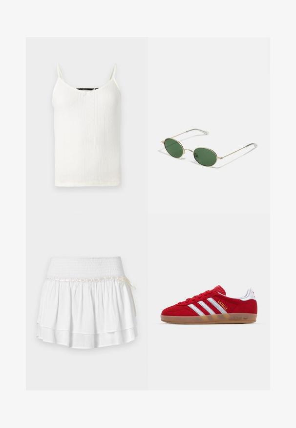 Weißes Top mit dünnen Trägern, V-Ausschnitt, gerippter Textur und kleinen Diamantmustern im gesamten Stoff.; Weißer Stufenrock mit elastischem Bund, der mit einem strukturierten Rüschenmuster und einem dekorativen Bandakzent versehen ist. Baumwollstoff.; Rote Wildleder-Sneaker mit weißem Dreistreifen-Design und goldenem "Gazelle"-Schriftzug. Besitzt eine Gummisohle und eine strukturierte Ferse.; Sonnenbrille mit goldenem Rahmen, grünen ovalen Gläsern und dünnen Metallarmen. Verfügt über klare Kunststoffspitzen an den Armen für zusätzlichen Komfort.; Geflochtene Strohtasche mit braunen Lederakzenten, zwei Griffen und einem abnehmbaren Gurt. Kurvenform mit einem stabilen Boden.
