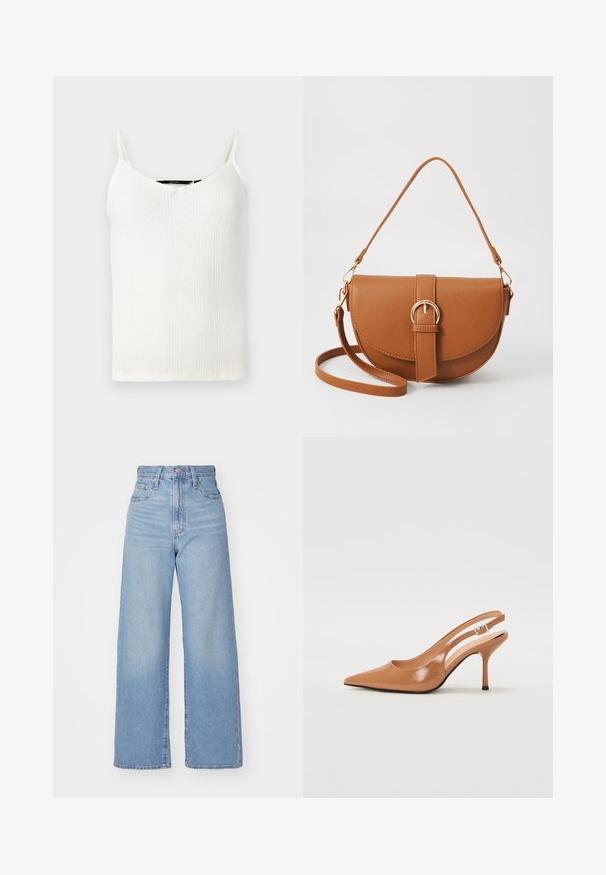 Witte camisole met dunne bandjes, voorzien van een V-hals, geribbelde textuur en kleine ruitpatronen door de stof.; Lichtblauwe high-waist wijde jeans met een knoop- en ritssluiting aan de voorkant, voor- en achterzakken, op een witte achtergrond.; Puntige slingback hak in een glad, glanzend beige materiaal. Bevat een gebogen uitsnijdontwerp en een slanke stiletto hak. Zilveren gesp detail.; Bruine leren schoudertas met een gebogen vorm, gouden hardware en een gespaccent. Bevat een afneembare schouderriem.