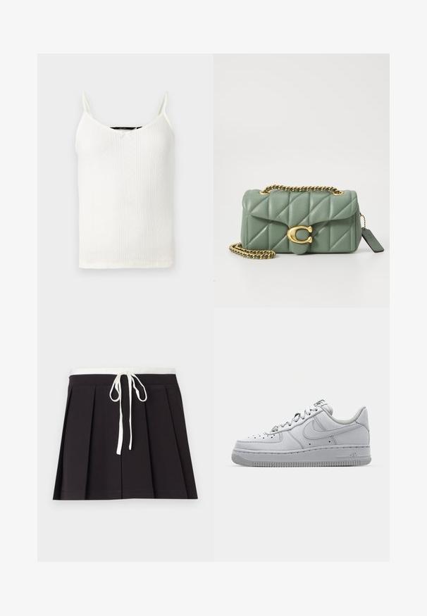 Bjela majica s tankim naramenicama, s V-izrezom, rebrastom teksturom i malim dijamantnim uzorcima kroz tkaninu.; Crna plisirana suknja s bijelim wovanim vezicom u struku. Izrađena od mekog materijala, s glatkom teksturom i jednostavnim, klasičnim dizajnom.; Bijele kožne tenisice s niskim dizajnom, okruglim vrhom, perforiranim detaljima i teksturiranim gumenim potplatom. Imaju sive akcentne detalje na jeziku.; COACH TABBY SHOULDER BAG 20 WITH PILLOW QUILTING - Torba preko tijela - sage