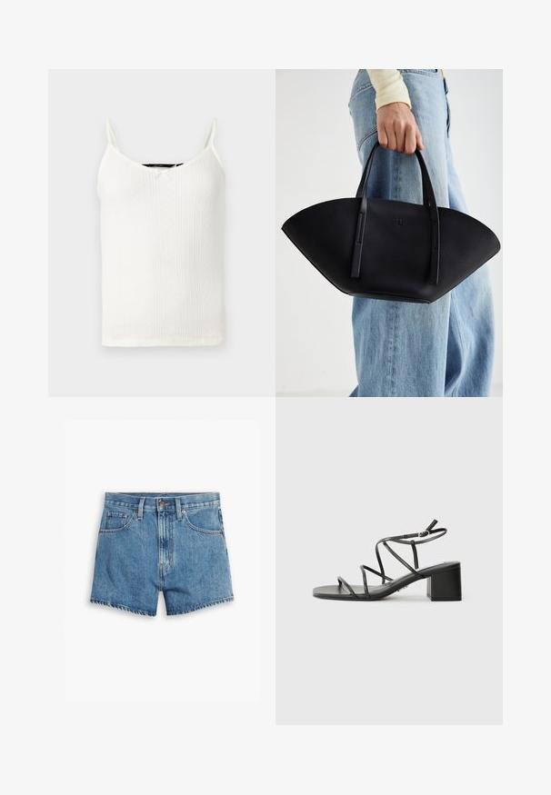 Weißes Top mit dünnen Trägern, V-Ausschnitt, gerippter Textur und kleinen Diamantmustern im gesamten Stoff.; Hellblaue Denim-Shorts mit fünf Taschen, einem Reißverschluss und einem Knopfverschluss. Der Saum ist fransig und das Design bietet eine lässige Passform.; Schwarze Riemchensandalen mit quadratischer Spitze und einem breiten Absatz, aus glattem Material gefertigt. Sie verfügen über verstellbare Knöchelriemen und minimalen Beschlag.; Schwarze Lederhandtasche mit einzigartiger Fächerform, ausgestattet mit flachen Griffen. Die Oberfläche hat eine genoppte Textur und ein minimalistisches Design.