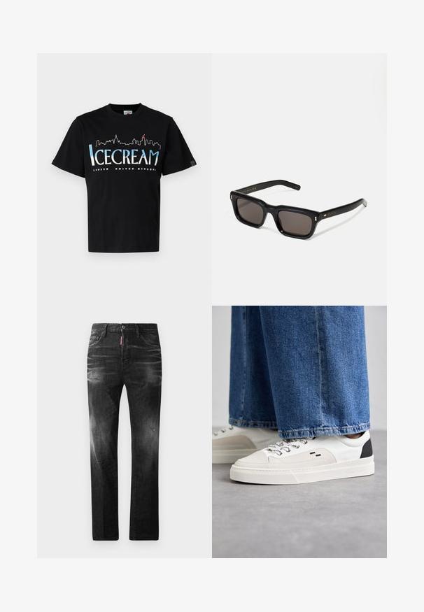Černé bavlněné tričko s krátkým rukávem, na kterém je bílo-modrá grafika městského panoramatu a text "ZMRZLINA LONDÝN SPOJENÉ KRÁLOVSTVÍ".; Černé džíny z denimu se rovnými nohavicemi. Obsahují vybledlé oblasti, drobné poškození, klasický pětikapsový design a zapínání na knoflík.; Bílé a černé tenisky s hladkým koženým svrškem, texturovanými akcenty a robustní bílou podešví. Mají klasický design se šněrováním.; Černé obdélníkové sluneční brýle s tmavými skly, silným plastovým rámem, zlatými akcenty na spáncích a vyrytým logem značky na nožičce.